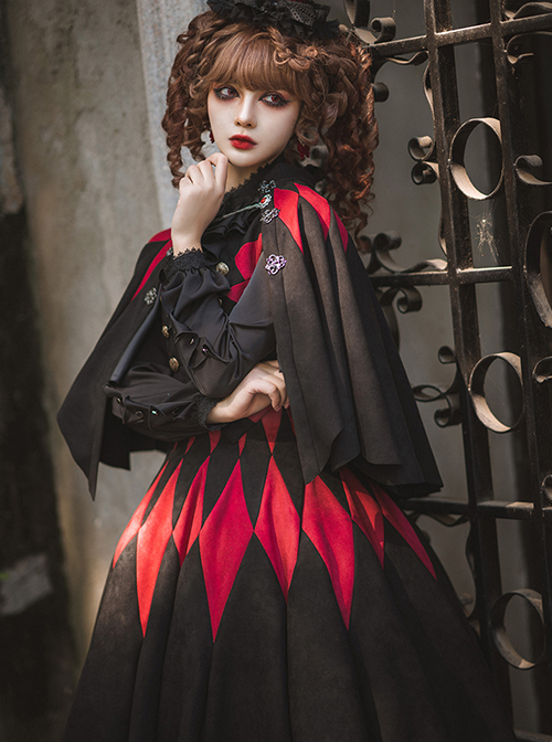 Black Forest Series Halloween Style Irregular Cut Hem Red Rhombus Pattern Design Classic Lolita Cape