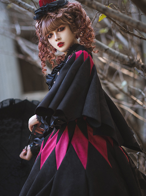 Black Forest Series Halloween Style Irregular Cut Hem Red Rhombus Pattern Design Classic Lolita Cape