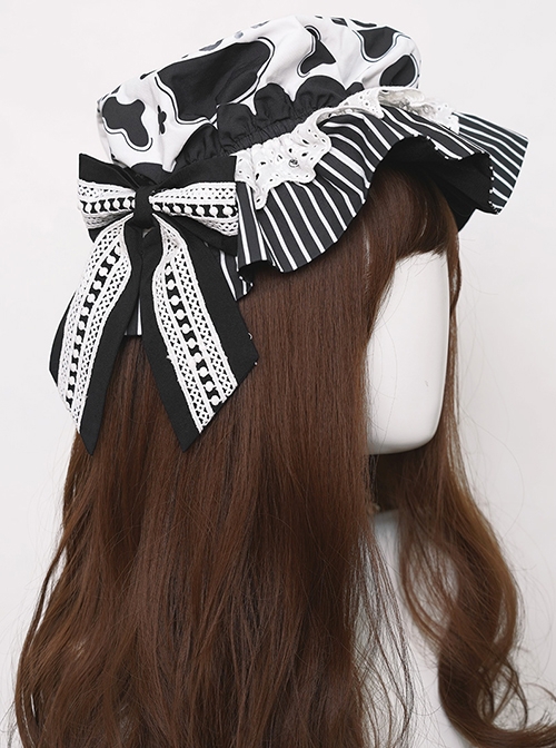 Black And White Cute Little Cow Pleated Ruffle Bow Knot Decoration Classic Lolita Hat
