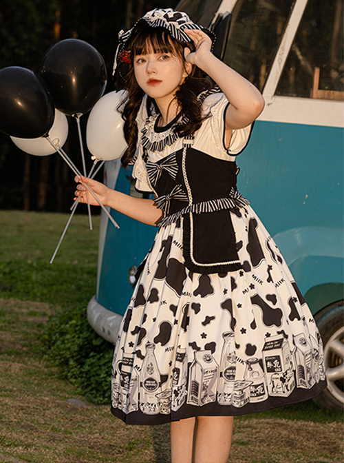 Black And White Cute Little Cow Pleated Ruffle Bow Knot Decoration Classic Lolita Hat