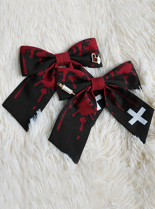 Scarlet Cross Series Halloween Style Blood Stained Black Bow Knot Cross Decoration Classic Lolita Hairpins