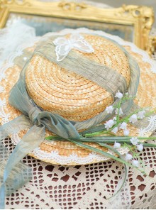 Elegant Green Lily Of The Valley Decoration Lace Ribbon Forest Style Classic Lolita Flat Straw Kid Hat