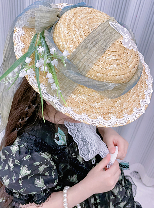 Elegant Green Lily Of The Valley Decoration Lace Ribbon Forest Style Classic Lolita Flat Straw Kid Hat