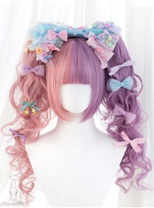 Pink Purple Curly Fluffy Double Ponytail Air Bangs Classic Lolita Long Curly Hair Wig
