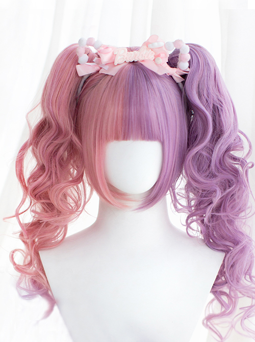 Pink Purple Curly Fluffy Double Ponytail Air Bangs Classic Lolita Long Curly Hair Wig