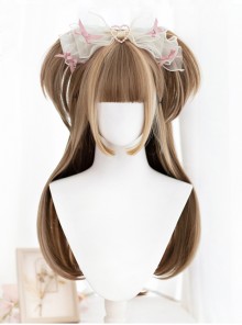 Classic Lolita Natural Cute Long Straight Hair Mini Double Ponytail Clip Decoration Air Bangs Long Wigs
