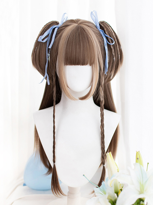 Classic Lolita Natural Cute Long Straight Hair Mini Double Ponytail Clip Decoration Air Bangs Long Wigs