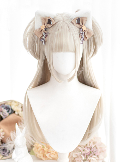 Classic Lolita Natural Cute Long Straight Hair Mini Double Ponytail Clip Decoration Air Bangs Long Wigs