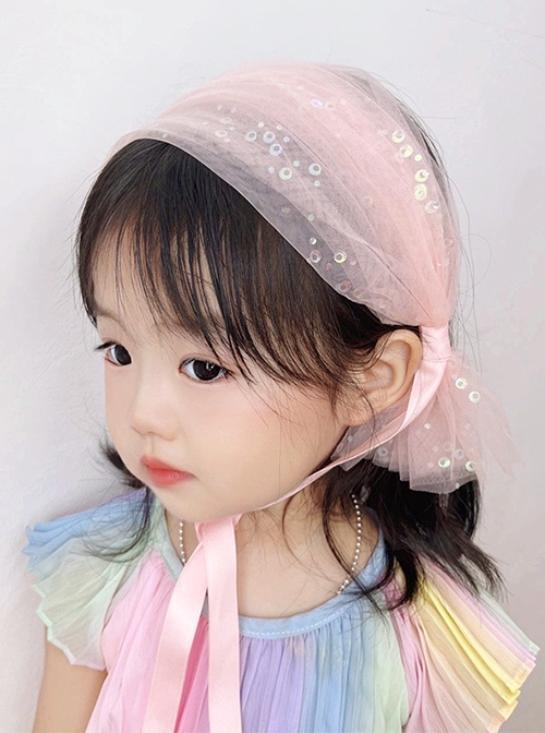 Princess Birthday Party Pink Cute Kid Mesh Sequins Bow Ribbon Sweet Lolita Hair Accessories Headband