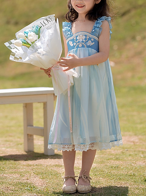 Antique Pearl Lace Thin Short Sleeve Light Blue Tassel Pendant Sweet Lolita Kid Sling Dress Set
