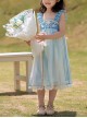 Antique Pearl Lace Thin Short Sleeve Light Blue Tassel Pendant Sweet Lolita Kid Sling Dress Set