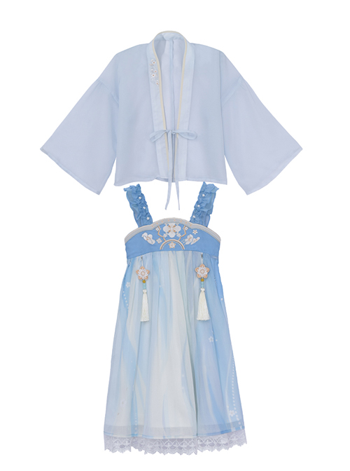 Antique Pearl Lace Thin Short Sleeve Light Blue Tassel Pendant Sweet Lolita Kid Sling Dress Set