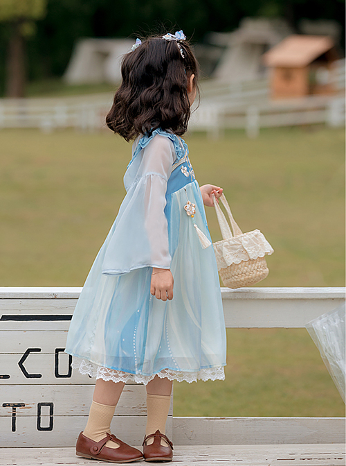 Antique Pearl Lace Thin Short Sleeve Light Blue Tassel Pendant Sweet Lolita Kid Sling Dress Set