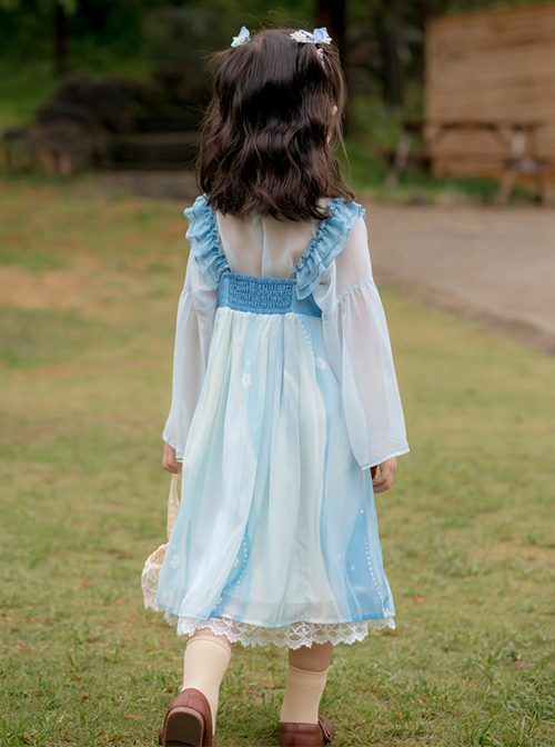 Antique Pearl Lace Thin Short Sleeve Light Blue Tassel Pendant Sweet Lolita Kid Sling Dress Set
