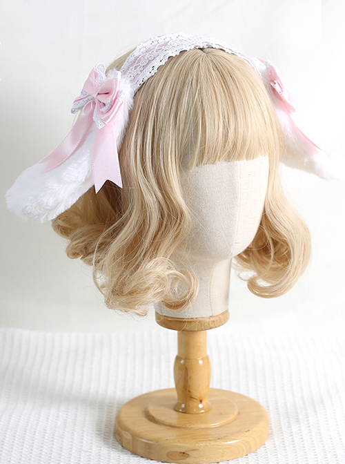 Removable Bow Brooch Sweet Lolita Plush Rabbit Ears Full Cover Lace Kc Wide Headband