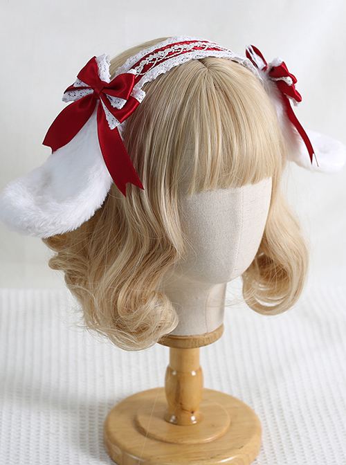 Removable Bow Brooch Sweet Lolita Plush Rabbit Ears Full Cover Lace Kc Wide Headband