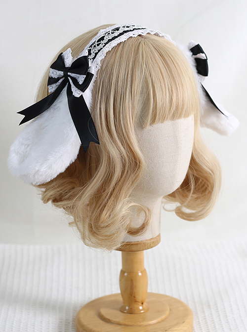 Removable Bow Brooch Sweet Lolita Plush Rabbit Ears Full Cover Lace Kc Wide Headband