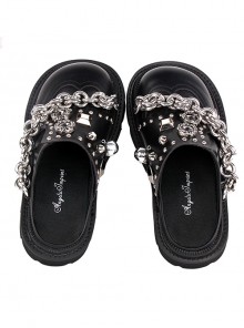 Punk Lolita Silver Stud Chain Black Round Toe Slip On Platform Sandals