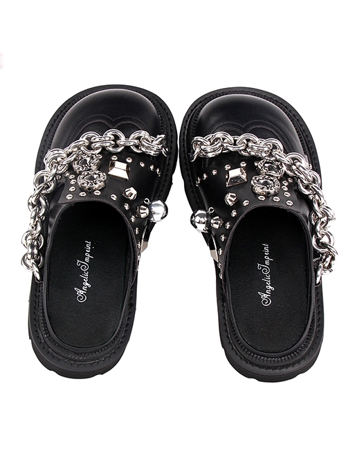 Punk Lolita Silver Stud Chain Black Round Toe Slip On Platform Sandals