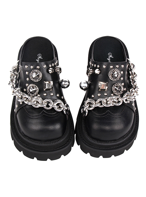 Punk Lolita Silver Stud Chain Black Round Toe Slip On Platform Sandals