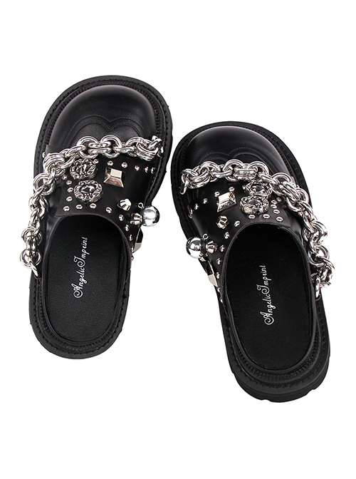 Punk Lolita Silver Stud Chain Black Round Toe Slip On Platform Sandals