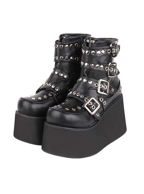 Punk Lolita All-Match Fashion Metal Row Buckle Thick Sole Round Head Super High Heel Studded Short Boots