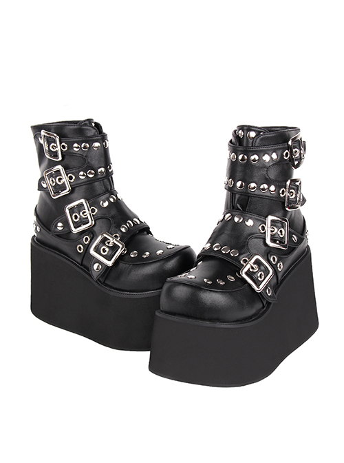 Punk Lolita All-Match Fashion Metal Row Buckle Thick Sole Round Head Super High Heel Studded Short Boots