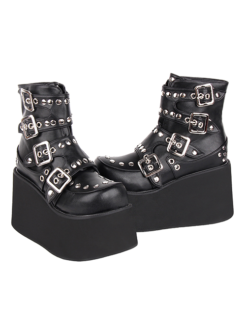 Punk Lolita All-Match Fashion Metal Row Buckle Thick Sole Round Head Super High Heel Studded Short Boots