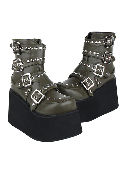 Punk Lolita All-Match Fashion Metal Row Buckle Thick Sole Round Head Super High Heel Studded Short Boots