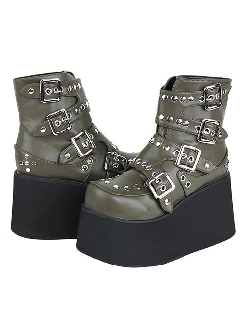 Punk Lolita All-Match Fashion Metal Row Buckle Thick Sole Round Head Super High Heel Studded Short Boots