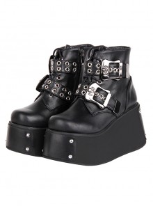 Punk Lolita Silver Skull Metal Buckle Personality Dark Round Toe Lace Up High Heel Booties