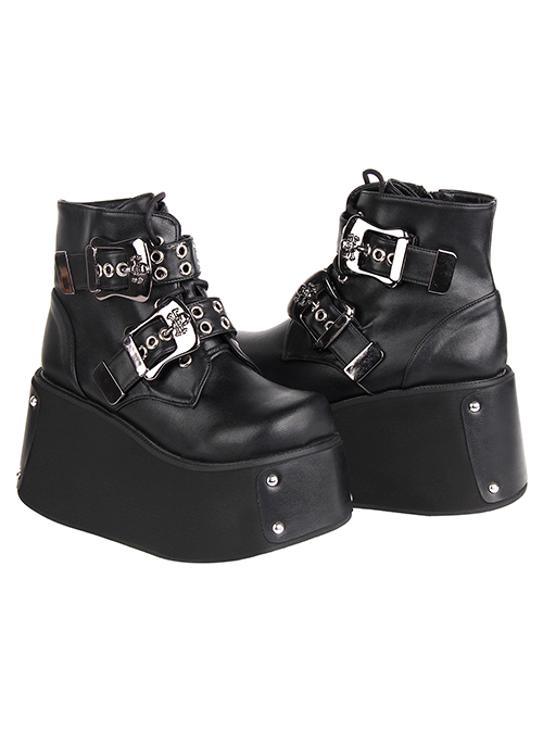 Punk Lolita Silver Skull Metal Buckle Personality Dark Round Toe Lace Up High Heel Booties