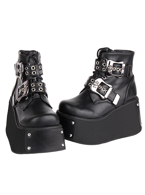 Punk Lolita Silver Skull Metal Buckle Personality Dark Round Toe Lace Up High Heel Booties