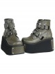 Punk Lolita Silver Skull Metal Buckle Personality Dark Round Toe Lace Up High Heel Booties