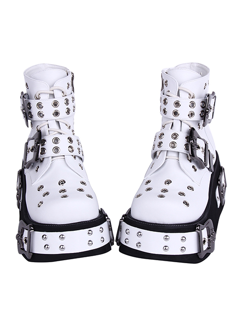 Punk Lolita Cool Skull Metal Buckle Breathable Comfort Hole Thick Sole White High Heel Booties