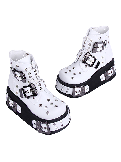 Punk Lolita Cool Skull Metal Buckle Breathable Comfort Hole Thick Sole White High Heel Booties