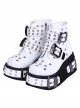 Punk Lolita Cool Skull Metal Buckle Breathable Comfort Hole Thick Sole White High Heel Booties