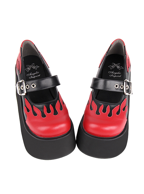 Punk Lolita Rock Flame Sponge Cake Platform Pump Round Toe Black  Red Mary Jane High Heels