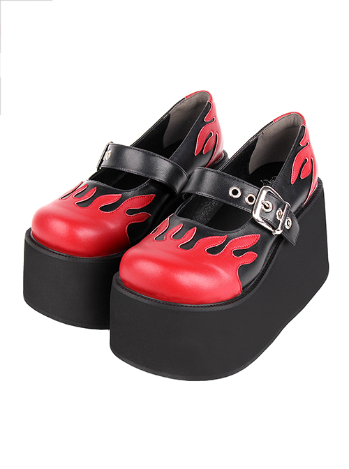 Punk Lolita Rock Flame Sponge Cake Platform Pump Round Toe Black  Red Mary Jane High Heels
