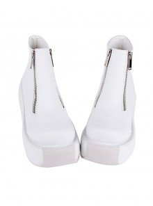 Punk Lolita White Front Middle Double Zipper Casual Thick Bottom Round Toe Short High-Heeled Shoes