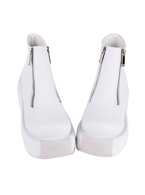 Punk Lolita White Front Middle Double Zipper Casual Thick Bottom Round Toe Short High-Heeled Shoes