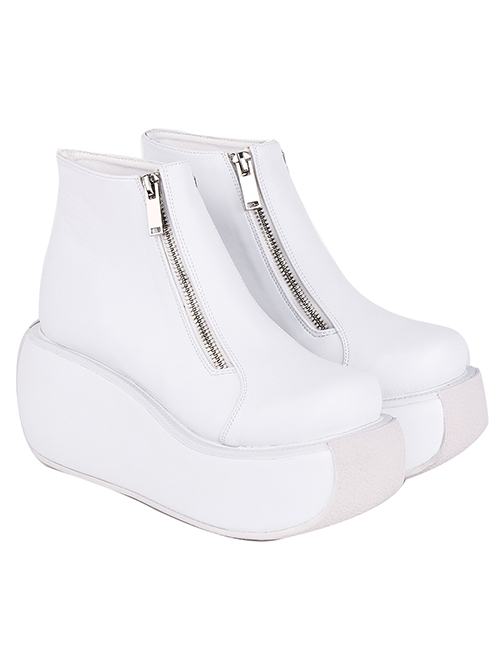 Punk Lolita White Front Middle Double Zipper Casual Thick Bottom Round Toe Short High-Heeled Shoes