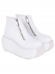 Punk Lolita White Front Middle Double Zipper Casual Thick Bottom Round Toe Short High-Heeled Shoes