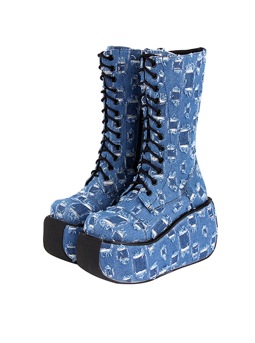 Punk Lolita Beggar Hole Fashion Blue Denim All-Match Medium High-Heeled Women'S Boots