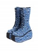 Punk Lolita Beggar Hole Fashion Blue Denim All-Match Medium High-Heeled Women'S Boots