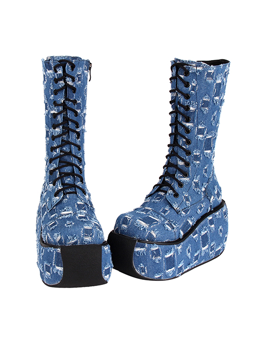 Punk Lolita Beggar Hole Fashion Blue Denim All-Match Medium High-Heeled Women'S Boots