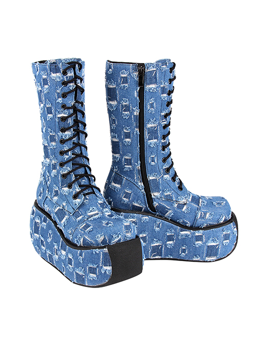 Punk Lolita Beggar Hole Fashion Blue Denim All-Match Medium High-Heeled Women'S Boots