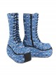 Punk Lolita Beggar Hole Fashion Blue Denim All-Match Medium High-Heeled Women'S Boots