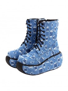 Punk Lolita Hole Blue Cowboy Beggar Personality Thick Bottom Round Head Strap High Heel Booties