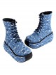 Punk Lolita Hole Blue Cowboy Beggar Personality Thick Bottom Round Head Strap High Heel Booties